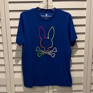 Psycho Bunny Leo Bunny Blue Tee with Neon Outline Logo.
